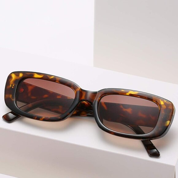 Trendy Rectangle Leopard Brown Sunglasses Women Men Retro Square Fashion Shades - Picture 6 of 6